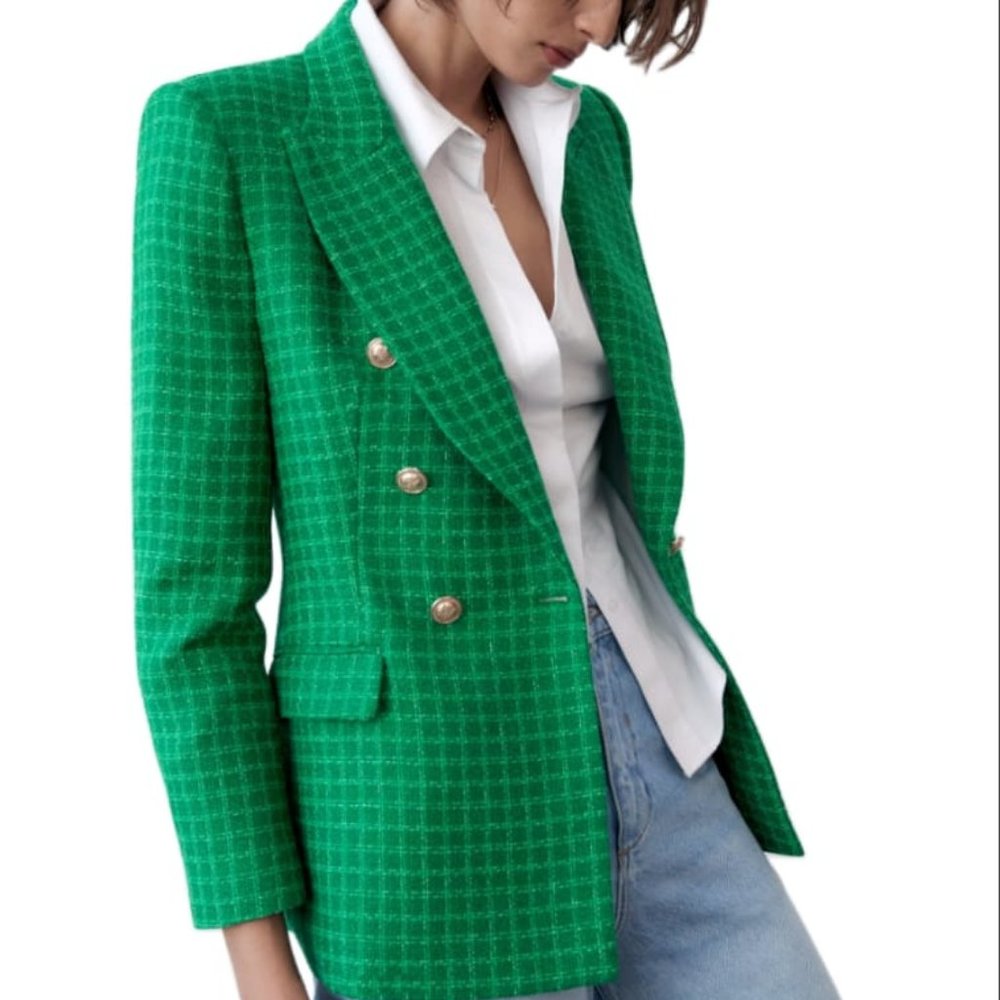 ZARA TEXTURED DOUBLE BREASTED BLAZER GREEN | 2324/682